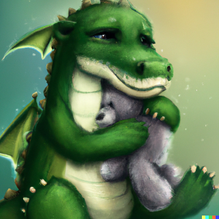 dragon hugging her teddy bear by Dall-E