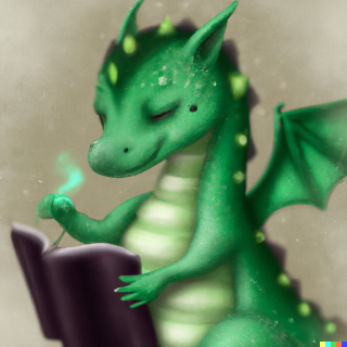dragon reading by Dall-E