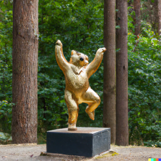 a dancing gold teddy bear statue by Dall-E