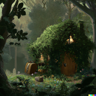 witch's cottage in a wood by Dall-E